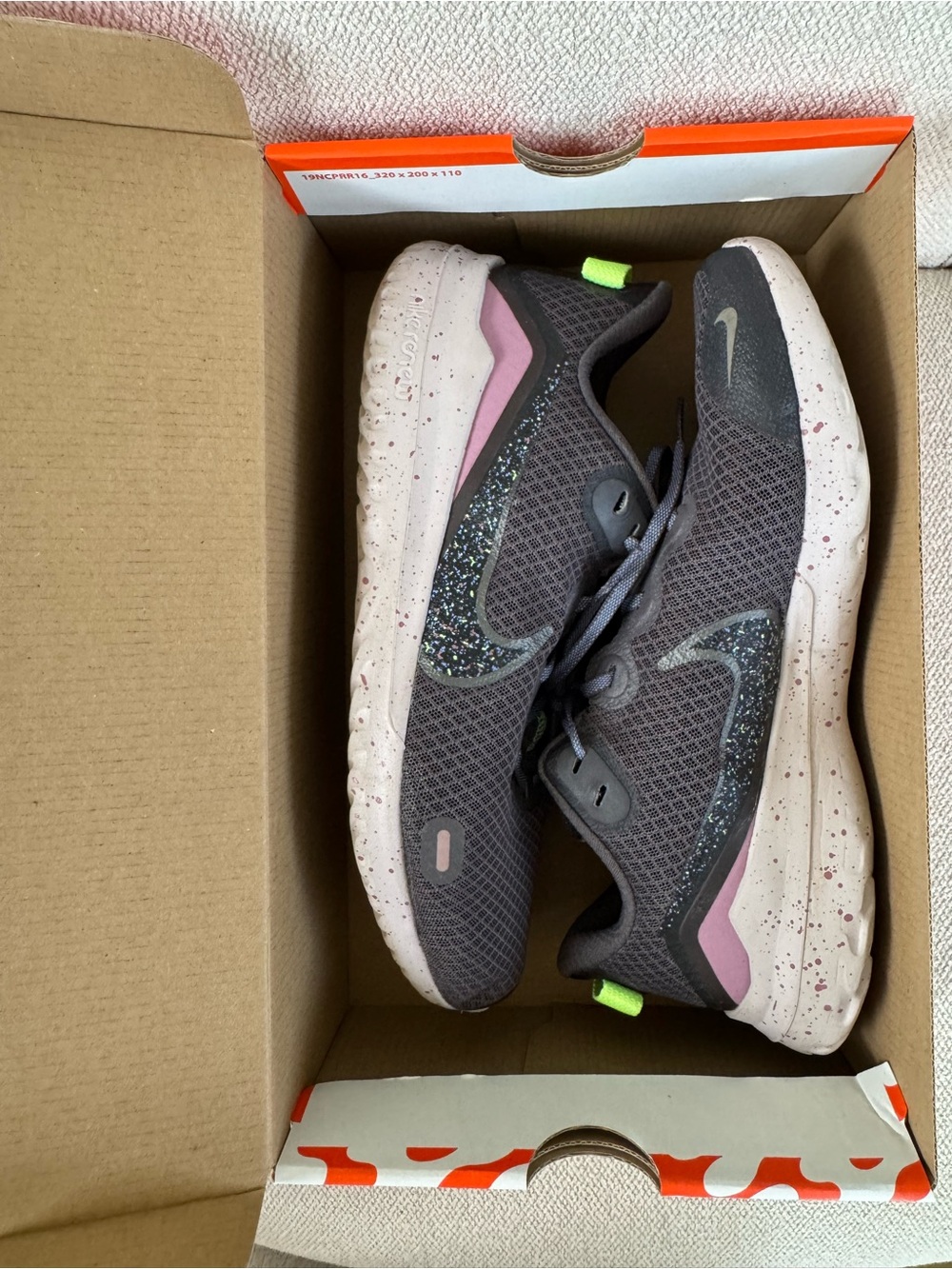 Nike Women’s Renew Ride Running Sneaker — Charcoal Speckle Swoosh Neon Pull Tab - Picture 11 of 11